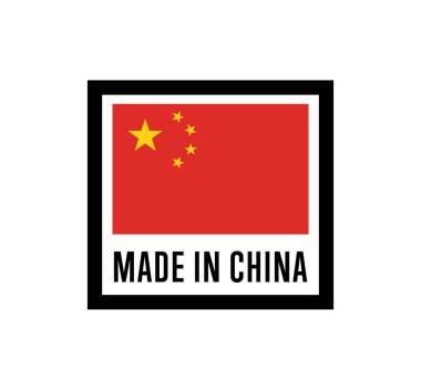 Çin 'de üretilen ürün vektör illüstrasyonu beyaz arka planda izole edilmiştir. Çin bayrağı ve sertifika unsuruyla kare ihraç pulu