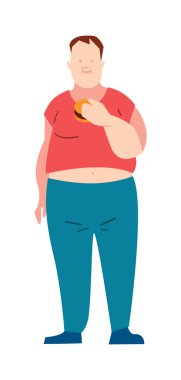 Şişman adam beyaz arka planda izole edilmiş fast food vektör çizimi yiyor. Düz dizaynlı erkek karakter.