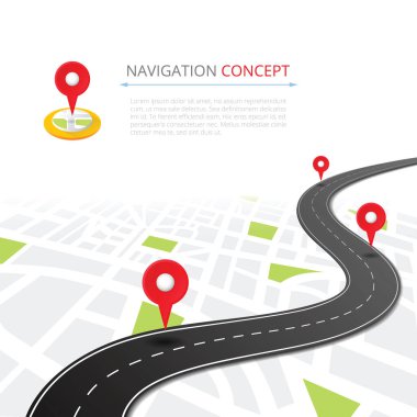 İğne izli vektör illüstrasyonlu navigasyon konsepti. Harita haritalama, ui pinning, keşif, jeotag, turizm konumu. GPS navigasyon sistemi flaması. Şehir haritasında konum broşu.