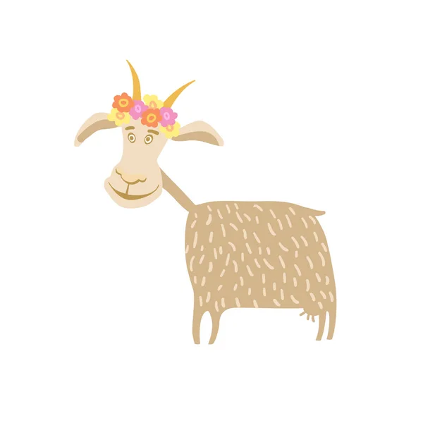 有花环的山羊在白色背景上被分离 可爱的牛场动物 卡通风格的家畜 — 图库矢量图片