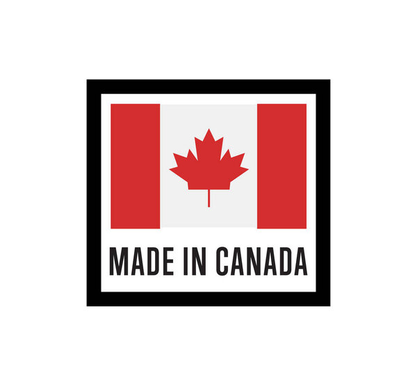 Маркировка Made in Canada для векторной иллюстрации продукции выделена на белом фоне. Штамп для экспорта квадратов с флагом Канады, элемент сертификата
