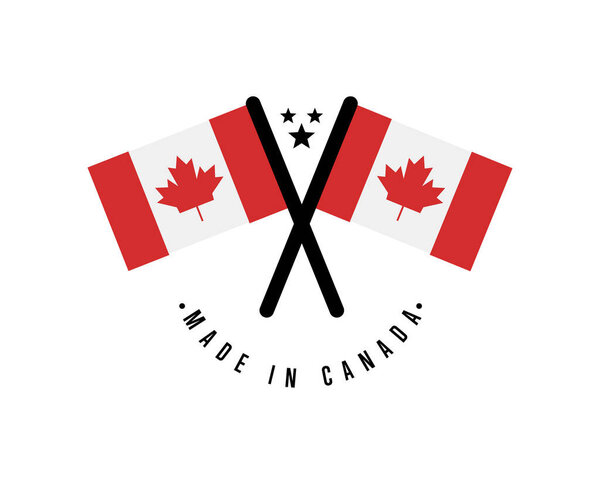 Сделано в Канаде Сертификационный элемент для векторной иллюстрации продукции выделен на белом фоне. Экспорт наклейки с пересечением канадских флагов
