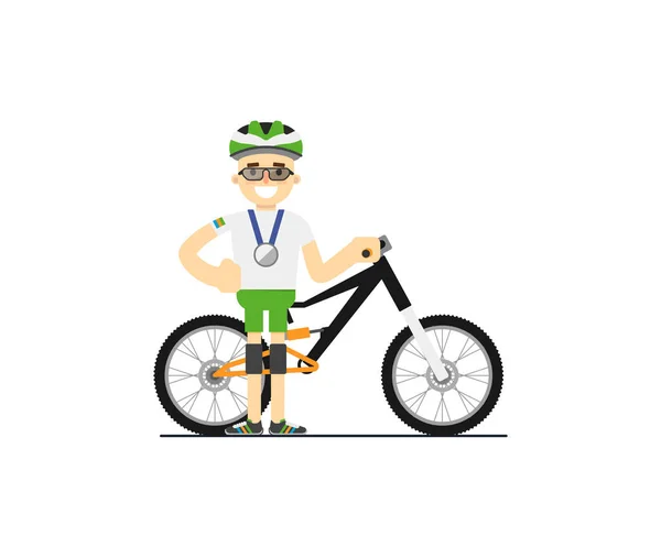 Улыбающийся Велосипедист Векторной Иллюстрацией Белом Фоне Концепция Спортивных Соревнований Спортсмен — стоковый вектор