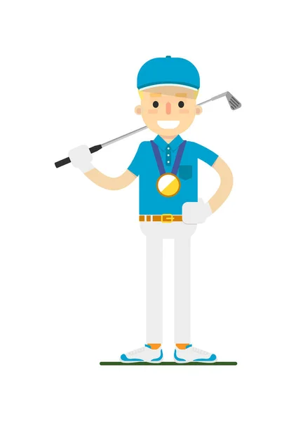 Golfista Sorrindo Ganhando Medalha Ouro Vetor Ilustração Isolada Fundo Branco —  Vetores de Stock