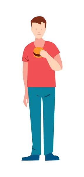 Giovane Snello Con Illustrazione Vettoriale Hamburger Isolato Sfondo Bianco Personaggio — Vettoriale Stock