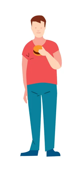 Hombre Pantalones Camiseta Comiendo Hamburguesa Vector Ilustración Aislada Sobre Fondo — Archivo Imágenes Vectoriales