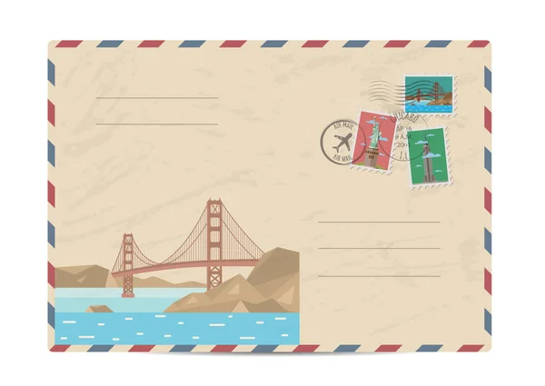 ゴールデンゲートブリッジ サンフランシスコ アメリカ 有名な建築組成 切手や白い背景ベクトルイラスト上の消印とヴィンテージ郵便封筒 郵便物サービス — ストックベクタ