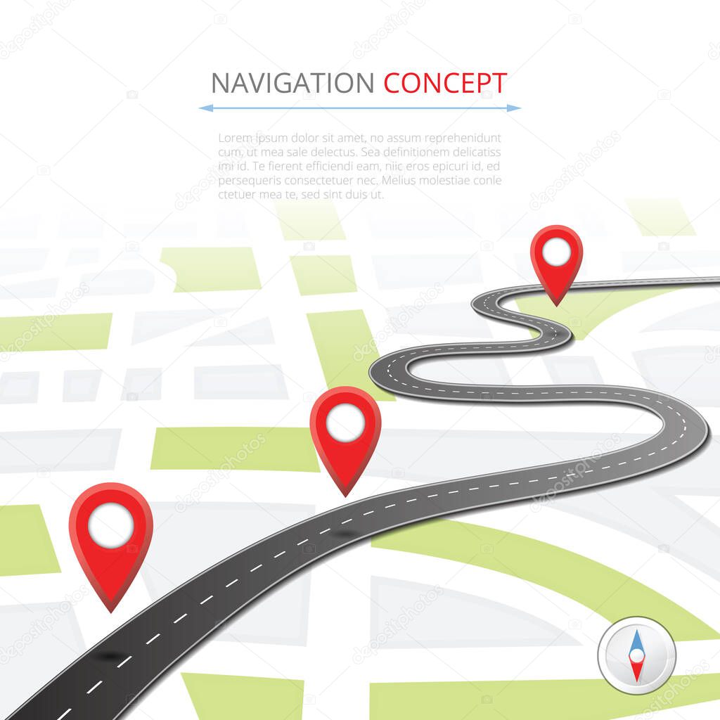 Navigation concept with pin pointer vector illustration. Cartography mapping, ui pinning, discovery, geotag, tourism geolocation. GPS navigation system banner. Location pin on perspective city map.