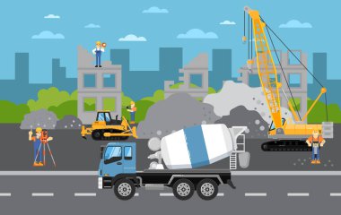 İnşaat makineleri vektör illüstrasyonlu afiş altında. Yol onarımı, bakım ve kaldırım inşaatı. Vinç, kazıcı ve beton karıştırıcılı bina yapımı