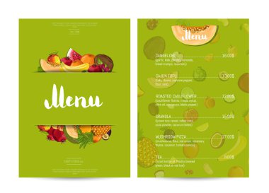 Vejetaryen kafe yemek menüsü tasarım vektör çizimi. Vejetaryen restoran menüsü, doğal beslenme kataloğu, organik gıda dükkanı, sağlıklı perakende. Meyve elementleriyle yeşil menü şablonu