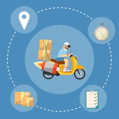 Teslimatçı çocuk mavi arka planda izole edilmiş jet motoru ve karton kutuları olan sarı scooter kullanıyor. Hızlı dağıtım afişi, vektör illüstrasyonu. Motosikletli kurye servisi.