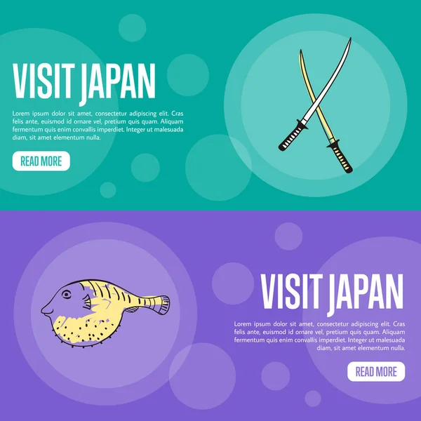 Visita Japón Pancartas Horizontales Espadas Samurai Peces Fugu Ilustraciones Vectoriales — Vector de stock
