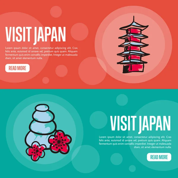Visita Japón Pancartas Horizontales Torre Pagoda Piedras Masaje Con Flores — Vector de stock