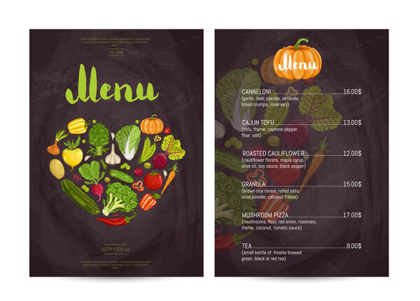 Вегетарианское меню ресторана векторная иллюстрация. Меню вегетарианских кафе, ценовой каталог продуктов питания, магазин органических продуктов питания, розничная торговля здоровым питанием. Шаблон меню с овощными элементами
