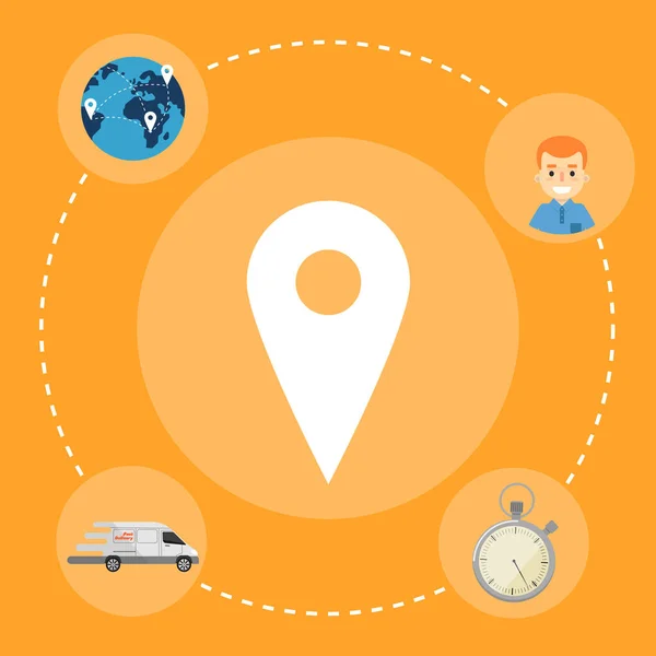 在橙色背景上有传递图标的地图指针 速递横幅 矢量图解 专业信使服务 航运和运输概念 指尖图标 — 图库矢量图片
