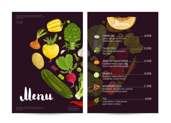Vegano Café Menú Alimentos Diseño Vectores Ilustración Menú Restaurante Vegetariano — Vector de stock