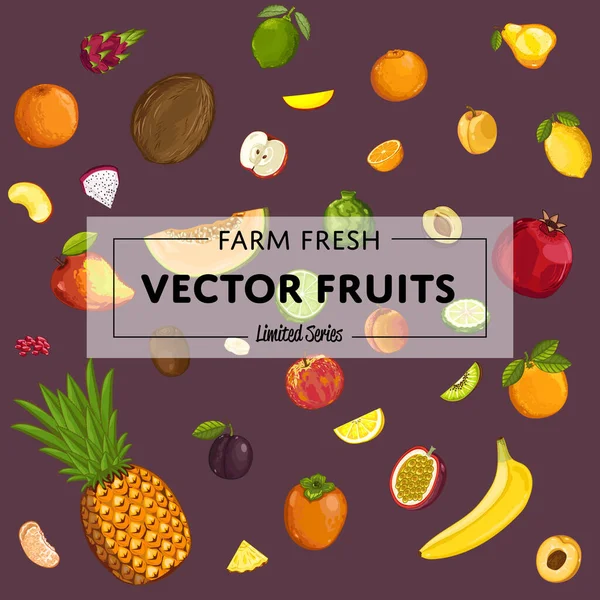 Boerderij Vers Fruit Poster Vector Illustratie Natuurlijk Product Sappig Fruit — Stockvector