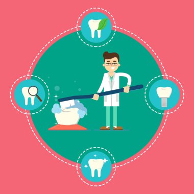 Erkek karikatür dişçisi büyük diş fırçası tutuyor ve arka planda büyük dişleri diş yuvarlak ikonlarıyla fırçalıyor, vektör çizimi. Ağız temizliği, diş sağlığı konsepti. Diş hekimliği posteri