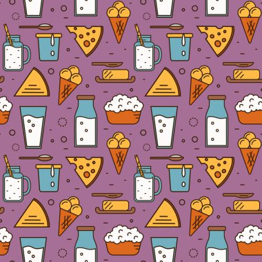 Perpl arka plan, vektör illüstrasyonunda farklı mandıra simgeleriyle ambalajsız ürün deseni. Organik tarım. Besleyici ve sağlıklı ürünler. Doğal yiyecek.