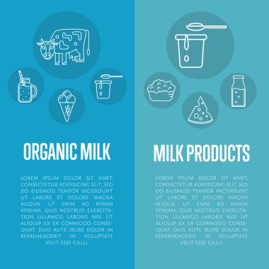 Satır stili tasarımında farklı mandıra simgelerine sahip organik ürünler dikey el ilanları, metin için alanı olan vektör illüstrasyonları. Geleneksel ve sağlıklı ürünler. Organik tarım. Doğal ve sağlıklı yiyecekler.