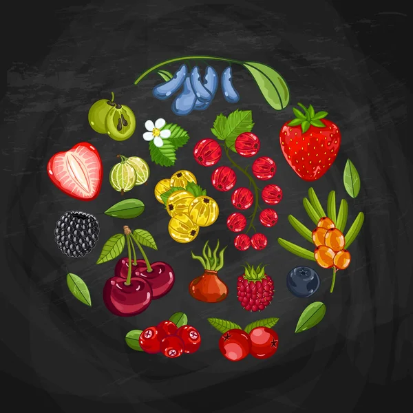 新鮮なベリーの丸い形の組成ベクトルイラスト ジューシーなベリーの背景 ビーガンおいしい栄養 有機健康的な食事 クランベリー ブラックベリー ラズベリー ストロベリー ブラックボード上のグーズベリー — ストックベクタ