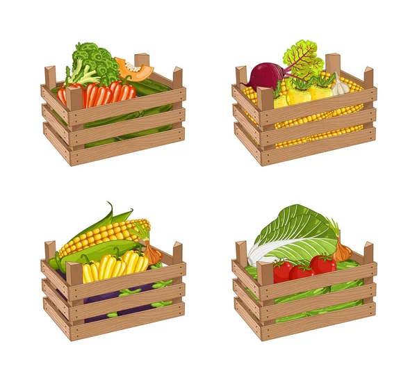 Caja Madera Llena Vegetales Conjunto Ilustración Vectorial Aislado Vegetales Frescos — Archivo Imágenes Vectoriales