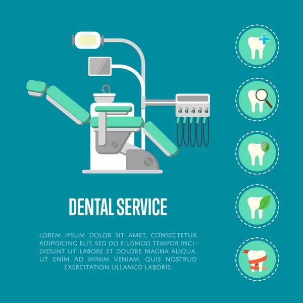 Bandiera Servizio Dentale Con Sedia Dentale Moderna Icone Rotonde Dei — Vettoriale Stock