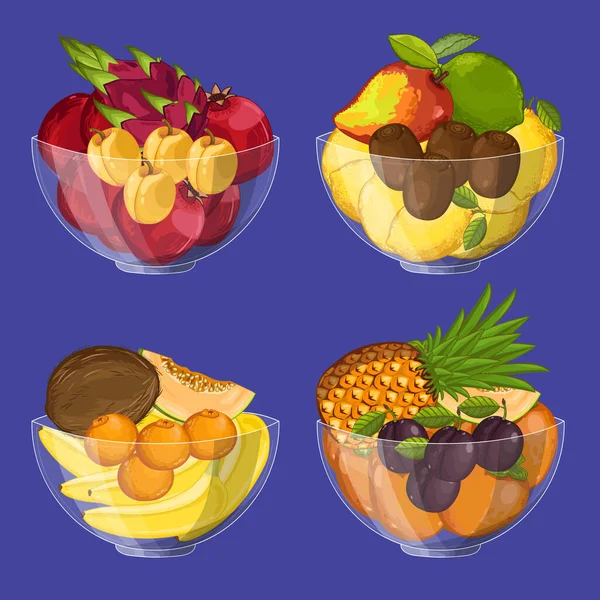 Fruta Orgánica Fresca Cuenco Vidrio Conjunto Ilustración Vector Aislado Agricultura — Vector de stock