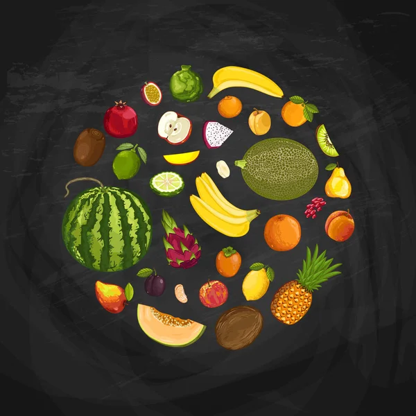 新鮮な果物の丸い形の組成ベクトルイラスト ジュースフルーツの背景 ベジタリアンおいしい栄養 有機健康的な食事 パイナップル レモン アボカド 黒板にザクロ — ストックベクタ