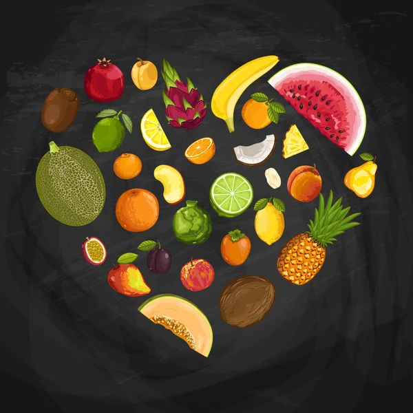 Imagen Vectorial Composición Corazón Fruta Fresca Fondo Fruta Jugosa Nutrición — Vector de stock
