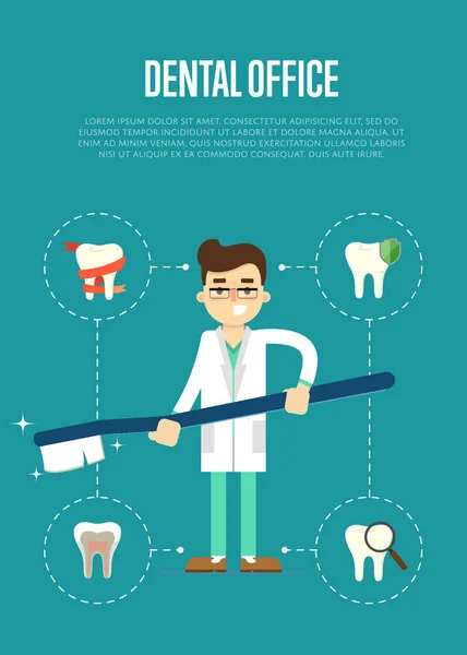 Männliche Karikatur Zahnarzt Medizinischer Uniform Mit Großer Zahnbürste Auf Blauem — Stockvektor
