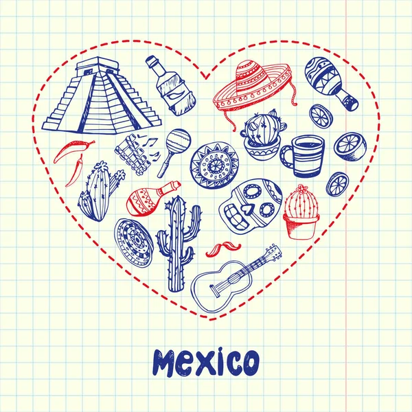 Miluju Mexiko Tečkované Srdce Plné Čmáranic Spojených Mexickým Národem Nakreslených — Stockový vektor