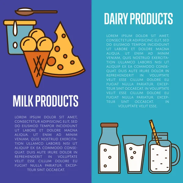 Milk Products Vertical Flyers Dairy Assortment Composition Line Style Design — Stock Vector