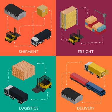 Yük sevkiyatı ve dağıtım lojistik izometrik sancaklar vektör illüstrasyonu. Forklift yükleme kamyonu, depo binası, kargo treni ikonları. Küresel dağıtım, nakliye hizmeti