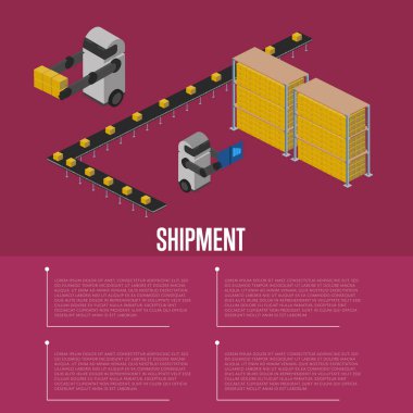 Kargo sevkiyatı izometrik vektör çizimi. Çalışan robotlarla otomatik depo içi. Yük otomatik teslimatı, kargo taşımacılığı, depo lojistik teknolojisi, nakliye