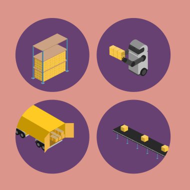 Depo lojistik izometrik simgeleri izole edilmiş vektör çizimleri. Nakliye kamyonu, raflardaki kutular, teslimat taşıyıcısı, depo robotlarının yuvarlak simgeleri. Nakliye otomatiği, lojistik teknolojisi.