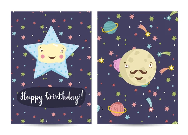 宇宙をテーマにした幸せな誕生日漫画グリーティングカード かわいい笑いの星と笑顔を集め水星は彗星や惑星のベクトル図を囲まれた 子供の衣装を着たパーティーへの明るい招待 — ストックベクタ