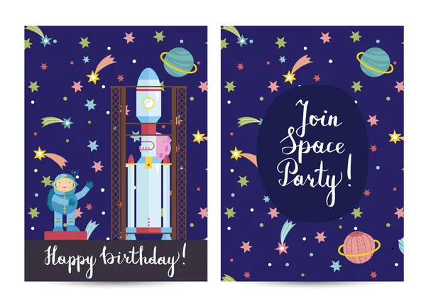 Feliz Cumpleaños Tarjeta Felicitación Dibujos Animados Sobre Tema Del Espacio — Archivo Imágenes Vectoriales