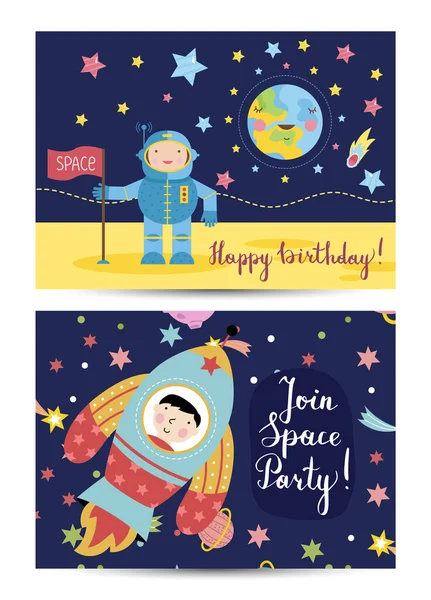 Feliz Cumpleaños Caricatura Espacios Tarjeta Felicitación Linda Estrella Sonriente Cometas — Archivo Imágenes Vectoriales