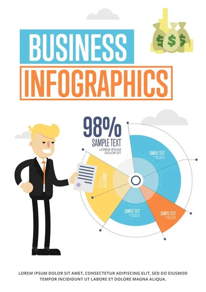 Geschäftsinfografik Banner Mit Kuchendiagramm Und Geschäftsmann Vektor Illustration Abstrakte Datenvisualisierungselemente — Stockvektor