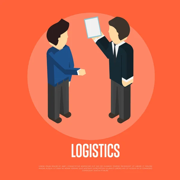 Logística Banner Isométrico Com Pessoas Ilustração Vetorial Gerente Entrega Cooperação — Vetor de Stock