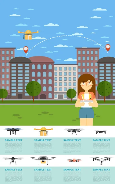 Dron Letadla Webové Stránky Šablony Dívkou Operující Létající Robot Parku — Stockový vektor