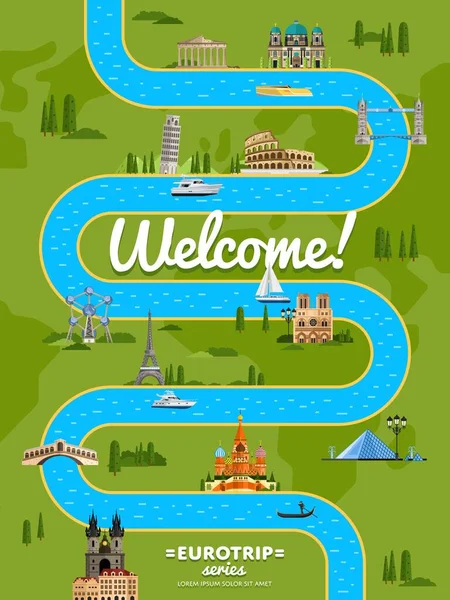 Welcome Europe Poster Famous Attractions Winding River Vector Illustration Travel — Stock Vector