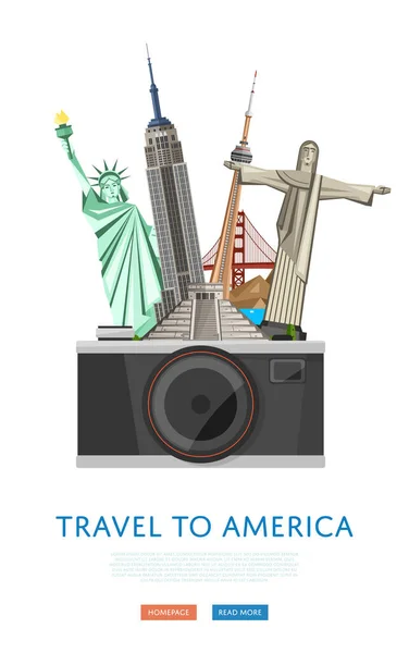 Путешествие Америку Плакат Эмпайр Стейт Билдинг Статуя Свободы Другие Известные — стоковый вектор
