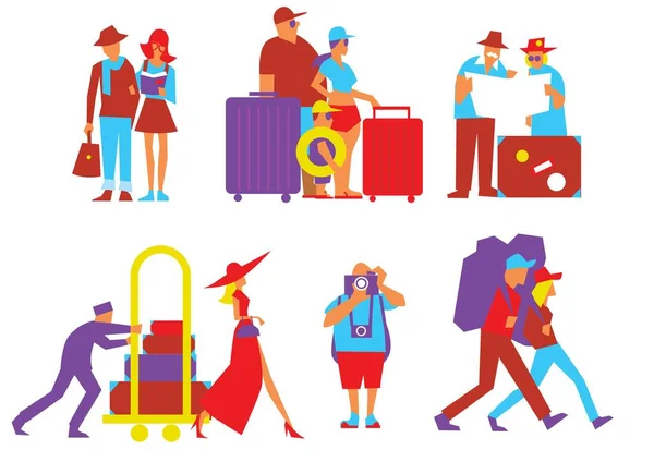 Traveling people vector illustration. Tourist with backpack. Family travelers, active forms of recreation, hiking, adventures. Couple of journey. Trip and vacation. Summer traveling. Man with camera