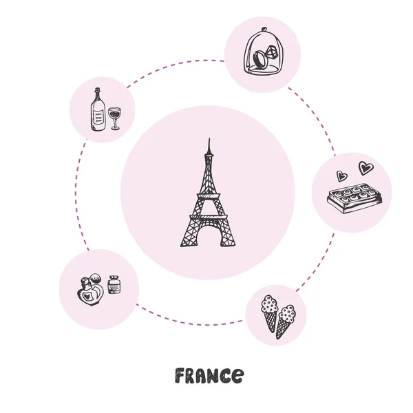 迷人的法国 埃菲尔铁塔涂鸦环绕着钻石 葡萄酒 巧克力 冰淇淋 手工绘制的粉色矢量图标 法国文化 时尚符号 欧洲旅行 — 图库矢量图片