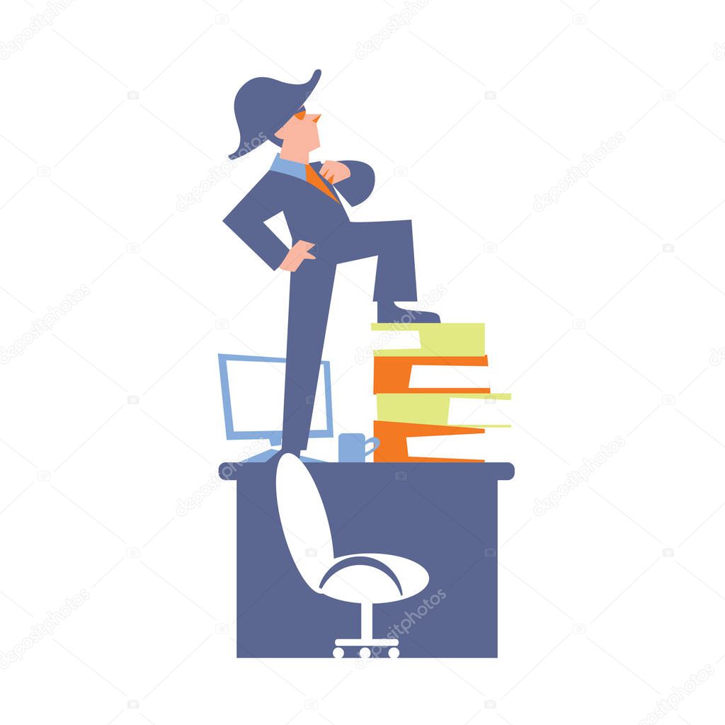 Big boss in business suit and napoleon hat standing on office table. Successful businessman banner, isolated vector illustration on white background. Office life. Business people design