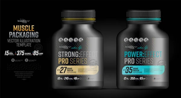 Protein Pulver Wanne Design Vorlage Sporternährung Und Bodybuilding Ergänzung Molkenproteinverpackungen — Stockvektor