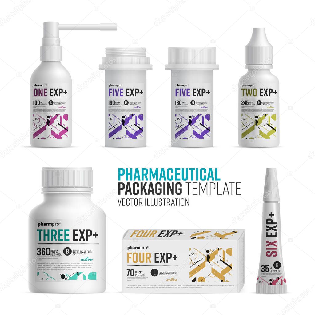 Pharmacy package template on white background. Medical product bottle and box with design vector isolated.