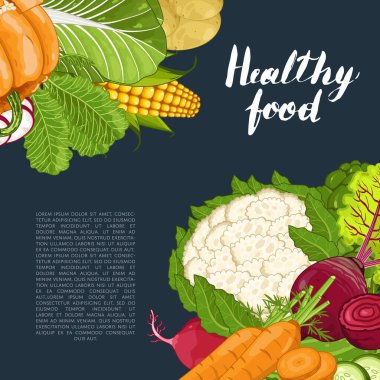Sağlıklı besin afişi vektör illüstrasyonu. Taze doğal sebze, vejetaryen beslenme, organik tarım, vegan diyeti, ekolojik ürün. Mısır, brokoli, turp, havuç ve patatesli organik gıda kavramı.
